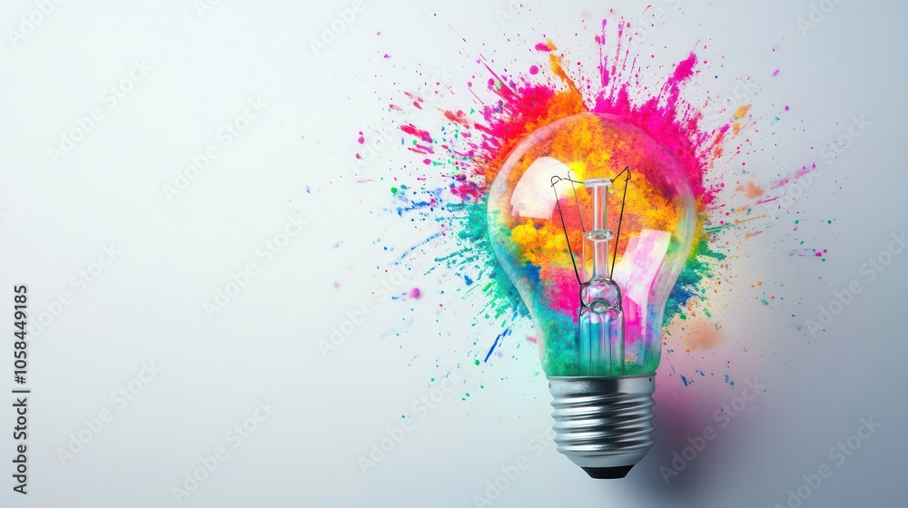 Poster a light bulb surrounded by vibrant splashes of color, symbolizing creativity and ideas.