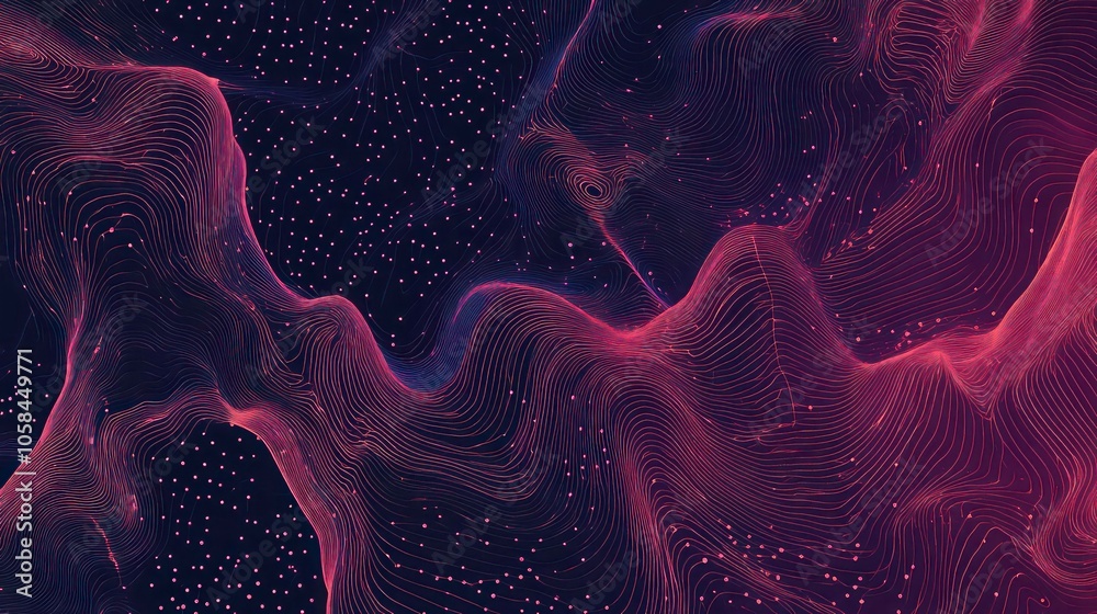 Poster abstract digital art featuring flowing lines and particles against a dark background.