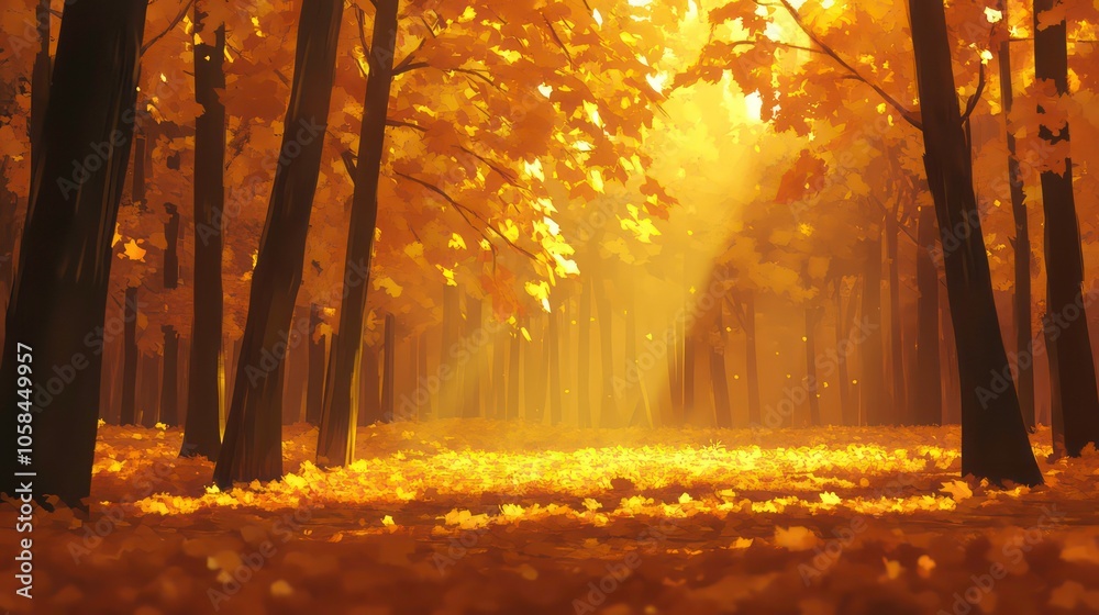 Poster A serene autumn forest with golden leaves and soft sunlight filtering through the trees.