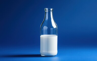 High-resolution product photography of a glass milk bottle on a vibrant blue background