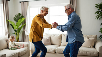 Obraz premium elderly couple dancing at home in front of granddaughter -international day of older persons poster