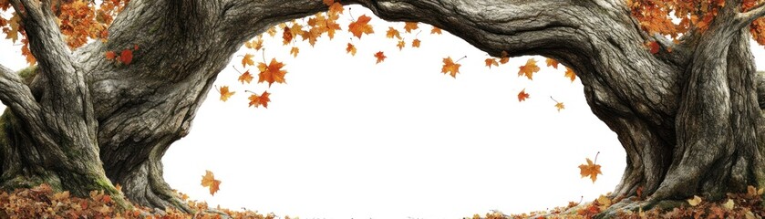 A serene autumn scene with trees arching over, adorned with colorful falling leaves.