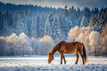 Horses grazing in winter on pasture near forest low angle view