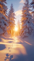 golden winter sunrise through snowy forest with footprints in snow