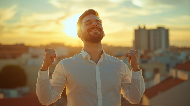 Happy male professional with eyes closed making fists while celebrating success on rooftop