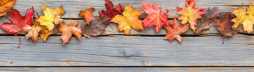 Obraz premium A row of colorful autumn leaves on a rustic wooden surface.