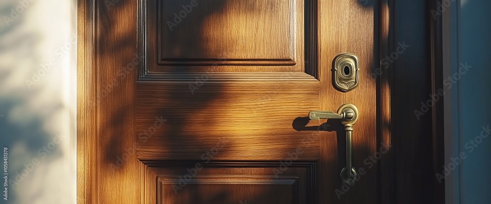 Poster close-up of a wooden door with a brass handle and a keyhole, sunlight casting shadows on the surface