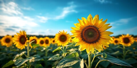 Fototapeta premium Close-Up View of a Sunflower in a Field with a Blue Sky and Clouds - Photo