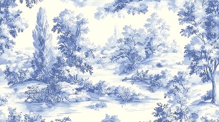Elegant blue and white toile pattern featuring intricate pastoral scenes and delicate brushwork in a classic French country aesthetic.