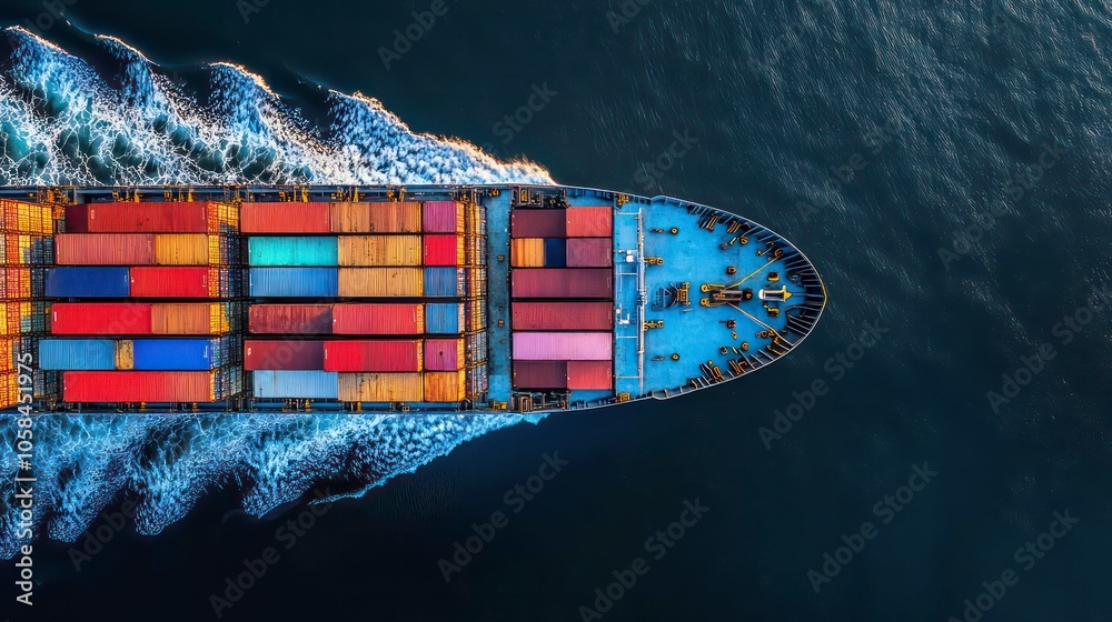 Poster aerial view of a cargo ship navigating through water, showcasing its colorful containers.