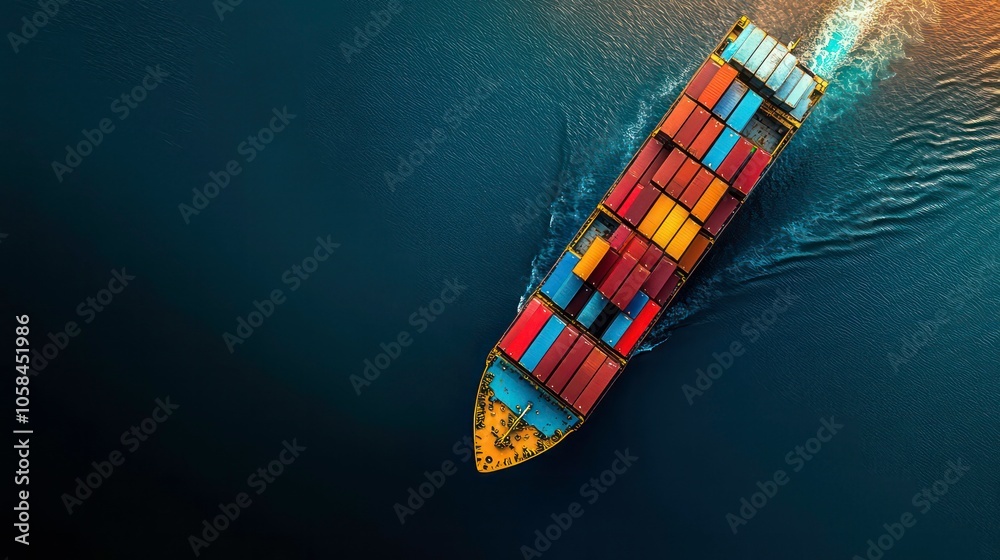 Poster Aerial view of a cargo ship navigating through dark waters, loaded with colorful containers.
