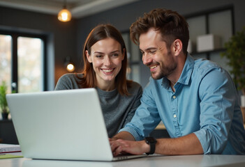 Two friends enjoy a productive afternoon working together on a laptop in a cozy modern workspace