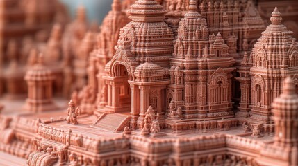 Naklejka premium Shri Ram Mandir with intricate red stone details, representing Hindu devotion and India cultural heritage.