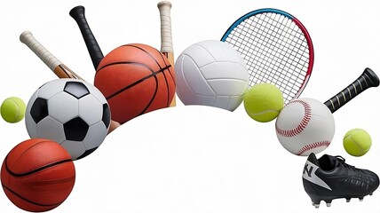 A collection of sports balls and equipment, including a soccer ball, basketball, volleyball, tennis ball, and baseball