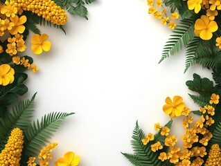 A vibrant frame of yellow flowers and green ferns on a light background, ideal for decorative purposes or greeting cards.