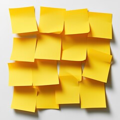 A collection of yellow sticky notes arranged haphazardly on a white background, perfect for reminders and organizational tasks.