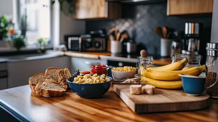 Spread of energy-dense, carb-rich foods on a polished kitchen counter, with choices like bread, bananas, and pasta on display. © KYR