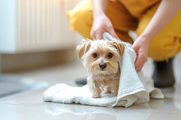A small dog being gently wrapped in a towel after a bath, showcasing a heartwarming moment of pet care.