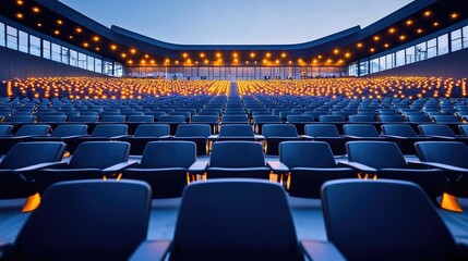 Naklejka premium Modern auditorium with rows of empty blue chairs and warm lighting.