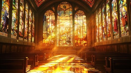 Obraz premium Stained glass windows depicting Biblical scenes, with sunlight streaming through an empty sanctuary.
