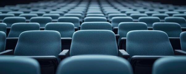 Naklejka premium Rows of empty teal seats in a modern auditorium, perfect for event or conference.