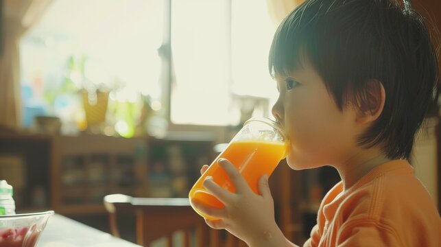Little Boy Enjoying Juice - a cheerful and refreshing moment. The image captures a little boy drinking juice, radiating joy and innocence.
