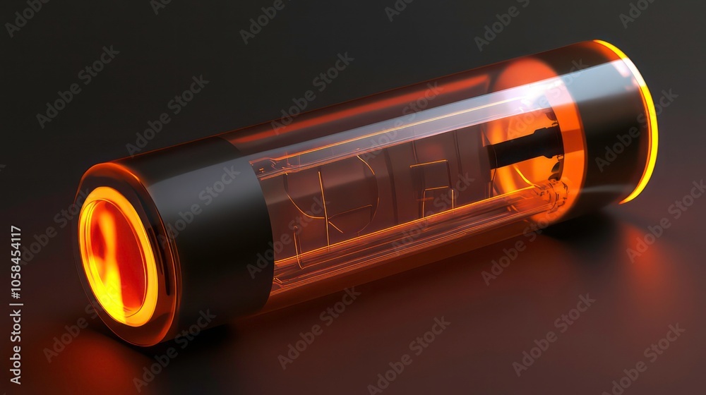 Poster a transparent cylindrical device with glowing elements, possibly a futuristic battery or energy sour