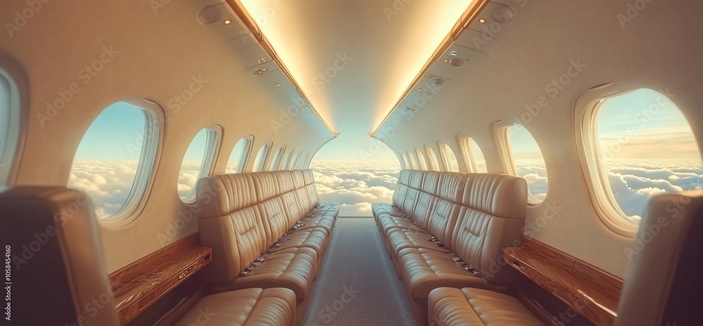 Poster Empty airplane cabin with leather seats and large windows showing clouds.