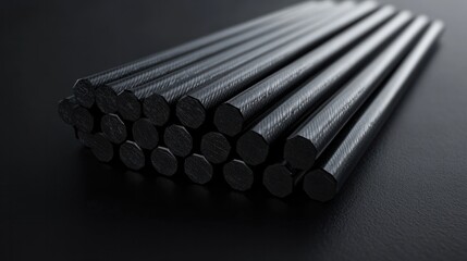 Several carbon fiber rods grouped together. This composite material is used in various high-tech applications due to its lightweight and strong properties.