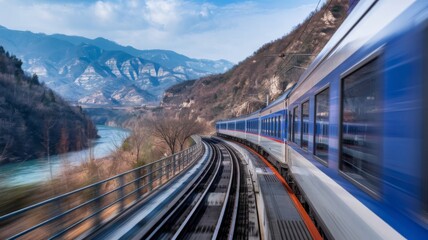 Fast train in motion near Chifeng, China, capturing speed and scenic landscape