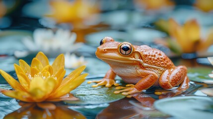 Orange frog on lily pad in pond with yellow flowers