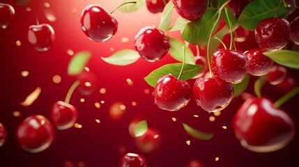 Fresh Cherries Falling on Red Background  3D Render Illustration