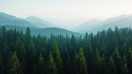 Fototapeta premium serene forest landscape with lush green trees and distant mountains, creating tranquil atmosphere. soft haze adds depth to scene, enhancing its natural beauty