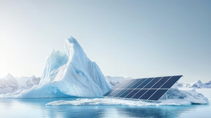 melting glacier with solar panels in foreground symbolizes intersection of renewable energy and climate change. serene landscape highlights environmental concerns