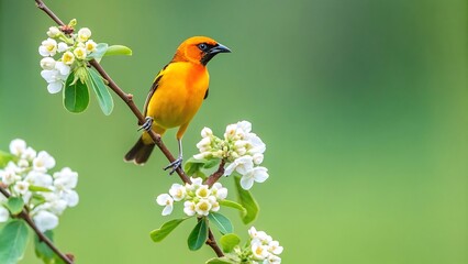 Vibrant bird perched on a flowering branch
