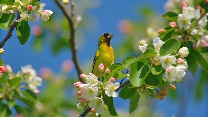 Vibrant bird perched on a flowering branch