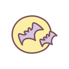 Cute autumn moon icon. Hand drawn illustration of a full moon and two flying bats silhouettes isolated on a white background. Kawaii halloween sticker. Vector 10 EPS.