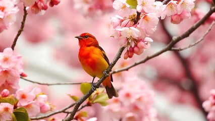 Vibrant bird perched on a flowering branch