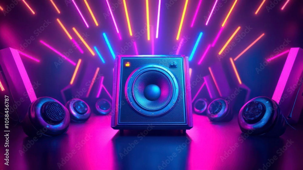 Poster a vibrant display of speakers with colorful lighting, emphasizing sound and music.