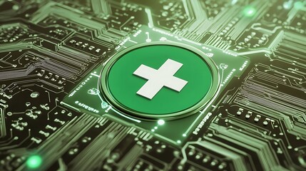Hightech image of a digital circuit board dotted with intricate components and highlighted by a striking green medical icon