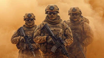 A diverse group of soldiers standing next to one another in the desert