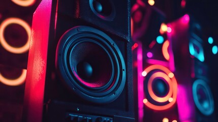 Close-up of speakers with colorful lighting, emphasizing sound and music atmosphere.