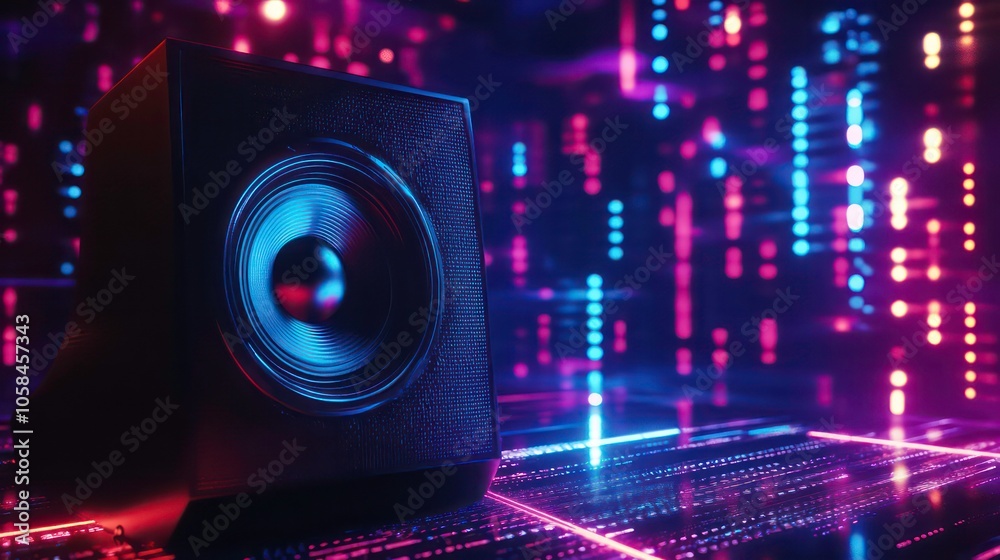 Poster a close-up of a speaker against a futuristic digital background.