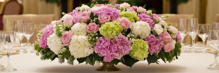 A beautifully arranged floral centerpiece featuring pink, white, and green flowers.