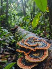 Colorful Mushrooms Growing on Fallen Tree in Forest