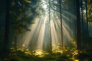 Sunlight Rays Breaking Through a Misty Forest Photo