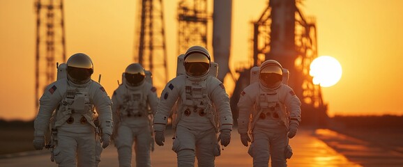 Four astronauts walk toward a rocket launchpad at sunset.