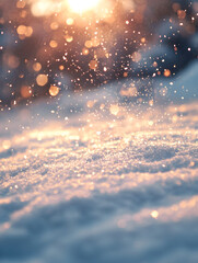 Soft Snowflakes Falling at Golden Hour – Peaceful Winter Sunset Scene with Tranquil Snow-Covered Ground, Perfect for Holiday and Seasonal Decor or Winter-Themed Backgrounds