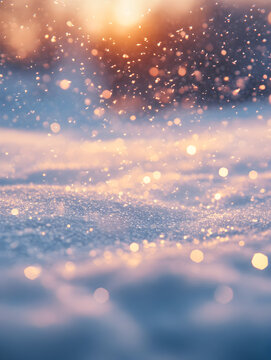 Dreamy Snowfall in Twilight with Warm Glow &ndash; Magical Evening Scene of Snowflakes and Cozy Warm Light, Ideal for Holiday Backgrounds and Tranquil Winter Atmosphere