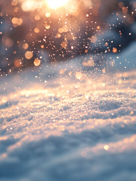 Soft Snowflakes Falling at Golden Hour &ndash; Peaceful Winter Sunset Scene with Tranquil Snow-Covered Ground, Perfect for Holiday and Seasonal Decor or Winter-Themed Backgrounds